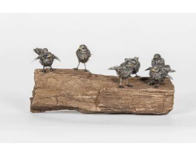  Mario Buccellati Adorable Family of Six Buccellati Sterling Silver Furry Chicks on Petrified Wood