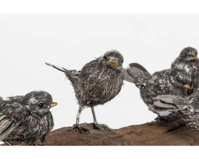  Mario Buccellati Adorable Family of Six Buccellati Sterling Silver Furry Chicks on Petrified Wood