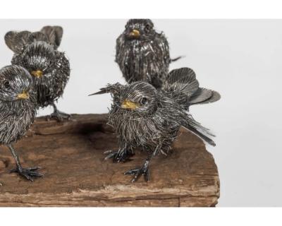  Mario Buccellati Adorable Family of Six Buccellati Sterling Silver Furry Chicks on Petrified Wood