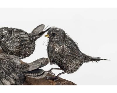  Mario Buccellati Adorable Family of Six Buccellati Sterling Silver Furry Chicks on Petrified Wood