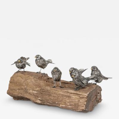  Mario Buccellati Adorable Family of Six Buccellati Sterling Silver Furry Chicks on Petrified Wood