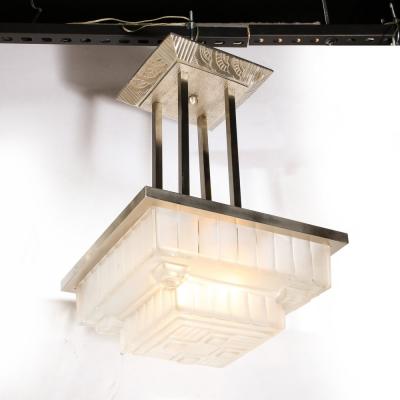  Marius Ernest Sabino Art Deco Chandelier in Skyscraper Frosted Glass Silvered Bronze Signed Sabino
