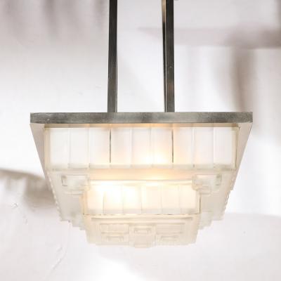  Marius Ernest Sabino Art Deco Chandelier in Skyscraper Frosted Glass Silvered Bronze Signed Sabino