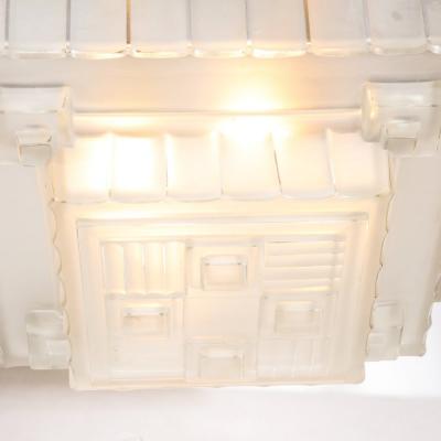  Marius Ernest Sabino Art Deco Chandelier in Skyscraper Frosted Glass Silvered Bronze Signed Sabino