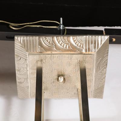  Marius Ernest Sabino Art Deco Chandelier in Skyscraper Frosted Glass Silvered Bronze Signed Sabino