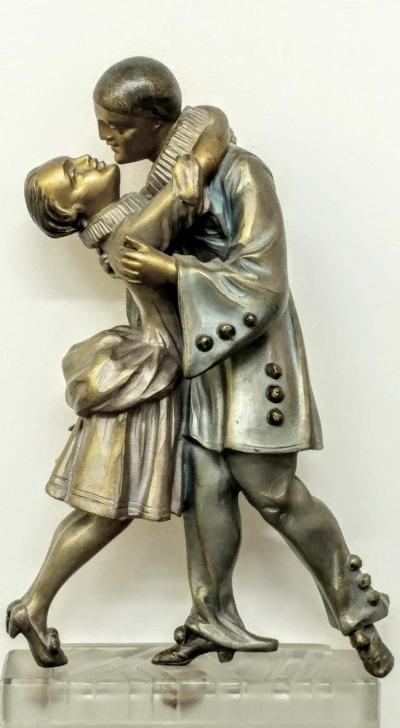  Marius Ernest Sabino French Art Deco Table Lamp Signed by Sabino with Linousin pierrot et colombine