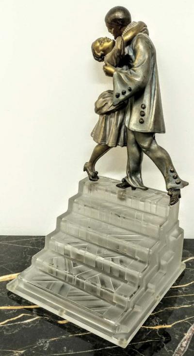  Marius Ernest Sabino French Art Deco Table Lamp Signed by Sabino with Linousin pierrot et colombine