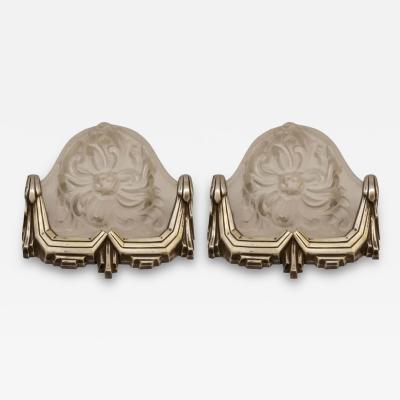  Marius Ernest Sabino Pair of French Art Deco Wall Sconces Signed by Sabino Flower