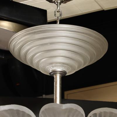  Marius Ernest Sabino Rare Art Deco Skyscraper Style Frosted Glass Chandelier Signed Sabino