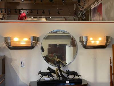  Marius Ernest Sabino Sabino Art Deco Modernist Stepped Original Chrome Sconces Pair 1930s