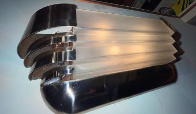  Marius Ernest Sabino Sabino Art Deco Modernist Stepped Original Chrome Sconces Pair 1930s