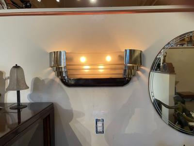  Marius Ernest Sabino Sabino Art Deco Modernist Stepped Original Chrome Sconces Pair 1930s