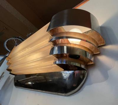  Marius Ernest Sabino Sabino Art Deco Modernist Stepped Original Chrome Sconces Pair 1930s