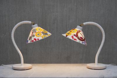  Marksl jd Pair of White Marksl jd Table Lamps with Josef Frank Shades Sweden 1970s