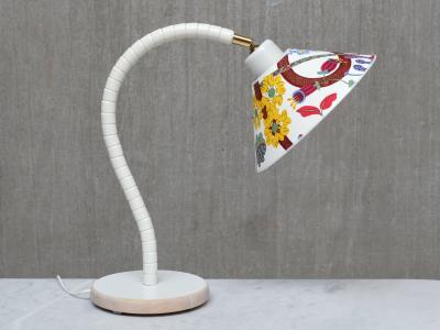  Marksl jd Pair of White Marksl jd Table Lamps with Josef Frank Shades Sweden 1970s