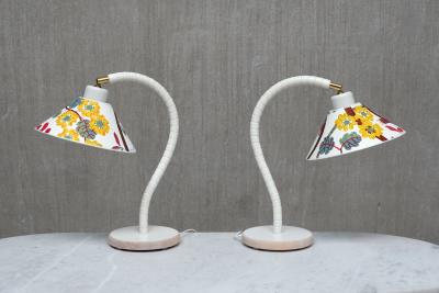  Marksl jd Pair of White Marksl jd Table Lamps with Josef Frank Shades Sweden 1970s