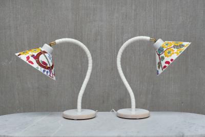  Marksl jd Pair of White Marksl jd Table Lamps with Josef Frank Shades Sweden 1970s