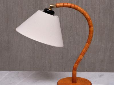  Marksl jd Swedish Modern Marksl jd Table Lamp in Beech Brass Linen Sweden 1960s