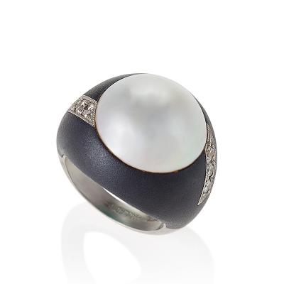  Marsh Co Patinated Steel Palladium Pearl and Diamond Ring by Marsh