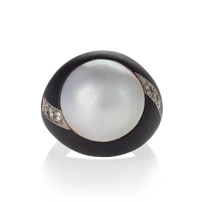  Marsh Co Patinated Steel Palladium Pearl and Diamond Ring by Marsh