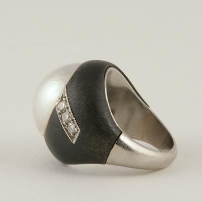  Marsh Co Patinated Steel Palladium Pearl and Diamond Ring by Marsh