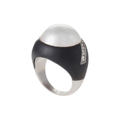  Marsh Co Patinated Steel Palladium Pearl and Diamond Ring by Marsh