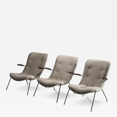  Martin Eisler Carlo Hauner Set of 3 Lounge Chairs by Eisler and Hauner in Wood and Steel Brazil 1960s