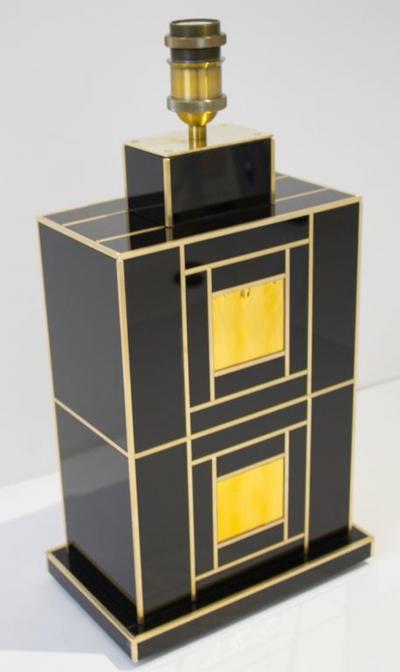  Martin Studio Pair of Signed Geometric Black and Gold Glass with Brass Inlays Lamps Spain