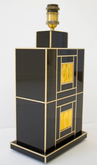  Martin Studio Pair of Signed Geometric Black and Gold Glass with Brass Inlays Lamps Spain