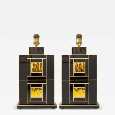  Martin Studio Pair of Signed Geometric Black and Gold Glass with Brass Inlays Lamps Spain