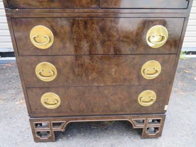  Mastercraft Amazing Burled Amboyna Brass Mastercraft Two Piece Tall Dresser Chinoiserie