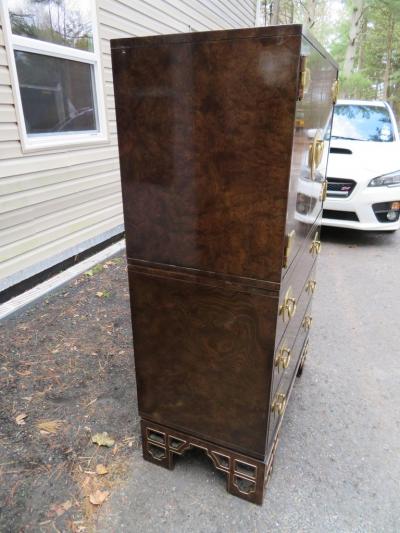  Mastercraft Amazing Burled Amboyna Brass Mastercraft Two Piece Tall Dresser Chinoiserie