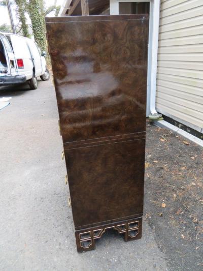  Mastercraft Amazing Burled Amboyna Brass Mastercraft Two Piece Tall Dresser Chinoiserie