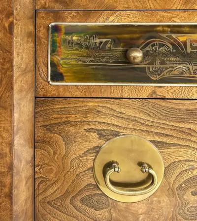  Mastercraft Bernhard Rohne Mastercraft Burl Wood Etched Brass Tall Chest circa 1970s