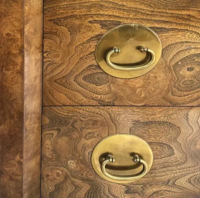  Mastercraft Bernhard Rohne Mastercraft Burl Wood Etched Brass Tall Chest circa 1970s