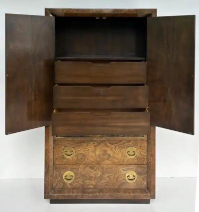  Mastercraft Bernhard Rohne Mastercraft Burl Wood Etched Brass Tall Chest circa 1970s