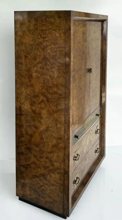  Mastercraft Bernhard Rohne Mastercraft Burl Wood Etched Brass Tall Chest circa 1970s