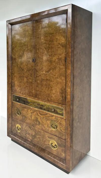  Mastercraft Bernhard Rohne Mastercraft Burl Wood Etched Brass Tall Chest circa 1970s
