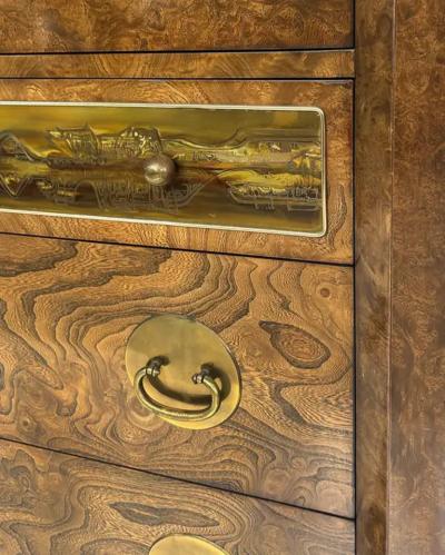 Mastercraft Bernhard Rohne Mastercraft Burl Wood Etched Brass Tall Chest circa 1970s