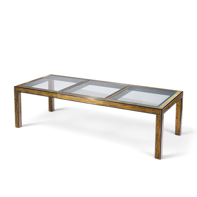  Mastercraft Bernhard Rohne for Mastercraft Lacquered Etched Brass Dining Table with 1 Leaf