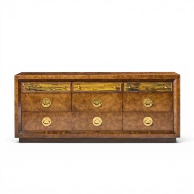  Mastercraft Bernhard Rohne for Mastercraft Mid Century Burlwood Acid Etched Brass Dresser