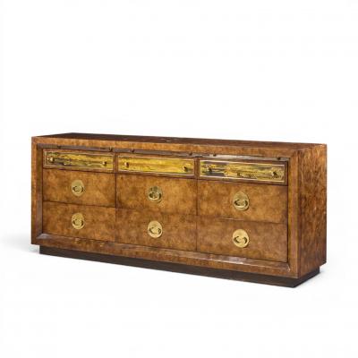  Mastercraft Bernhard Rohne for Mastercraft Mid Century Burlwood Acid Etched Brass Dresser
