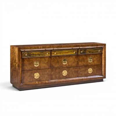  Mastercraft Bernhard Rohne for Mastercraft Mid Century Burlwood Acid Etched Brass Dresser