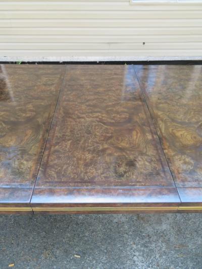  Mastercraft Handsome Mastercraft Amboyna Burl and Brass Parsons Leg Dining Table Midcentury