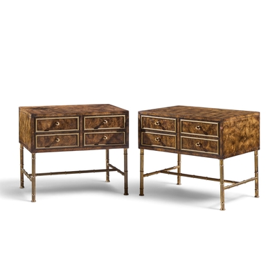  Mastercraft Mastercraft Mid Century Burlwood and Brass Nightstands Pair