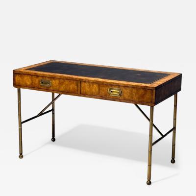  Mastercraft Mastercraft Mid Century Modern Writing Desk Burlwood Brass Leather 1950s