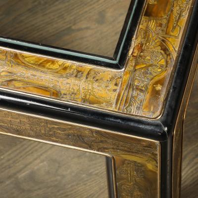  Mastercraft Mid Century Acid Etched Brass Lacquer Glass Cocktail Table by Mastercraft