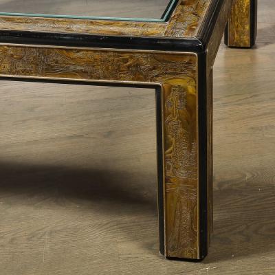  Mastercraft Mid Century Acid Etched Brass Lacquer Glass Cocktail Table by Mastercraft