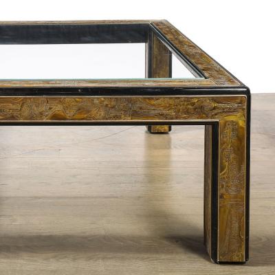  Mastercraft Mid Century Acid Etched Brass Lacquer Glass Cocktail Table by Mastercraft
