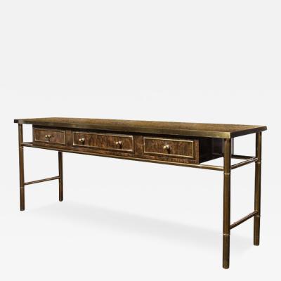  Mastercraft Mid Century Antiqued Brass Burled Carpathian Elm Console Table by Mastercraft